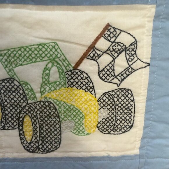 Homemade Embroidered Cross Stitch Baby Boy Blanket Police Fire Dump Truck 39"x26 - Picture 5 of 10